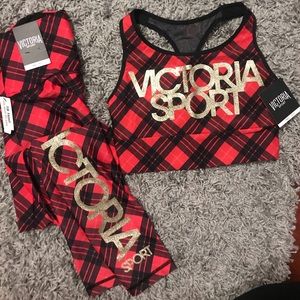 🆕Victoria Secret Sport ! Red Plaid and Gold Set!